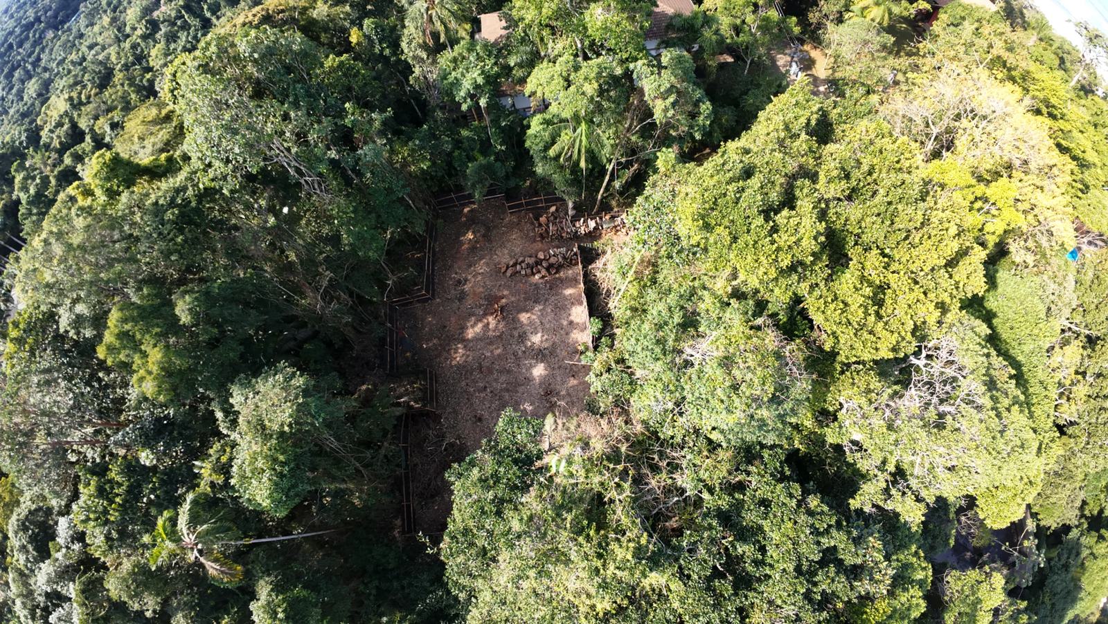 Foto com detalhe de terreno desmatado e vista aérea da mata atlantica da serra do gauraru que cerca o terreno